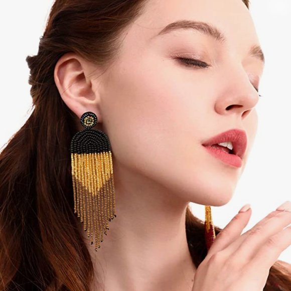 Long 4.5" Modern Art Deco Oversized Post Earrings Black Tan Gold New Tassel Boho - Picture 2 of 9
